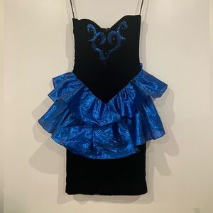 Vintage 80s Black Velvet & Electric Blue Prom Dress VTG Size 4 (Fits Modern XS)